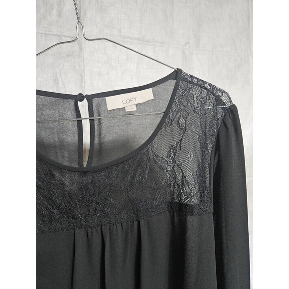 Loft Womens Black Chiffon Blouse With Lace‎ Inset, Long Sleeve Size XL - Picture 2 of 9
